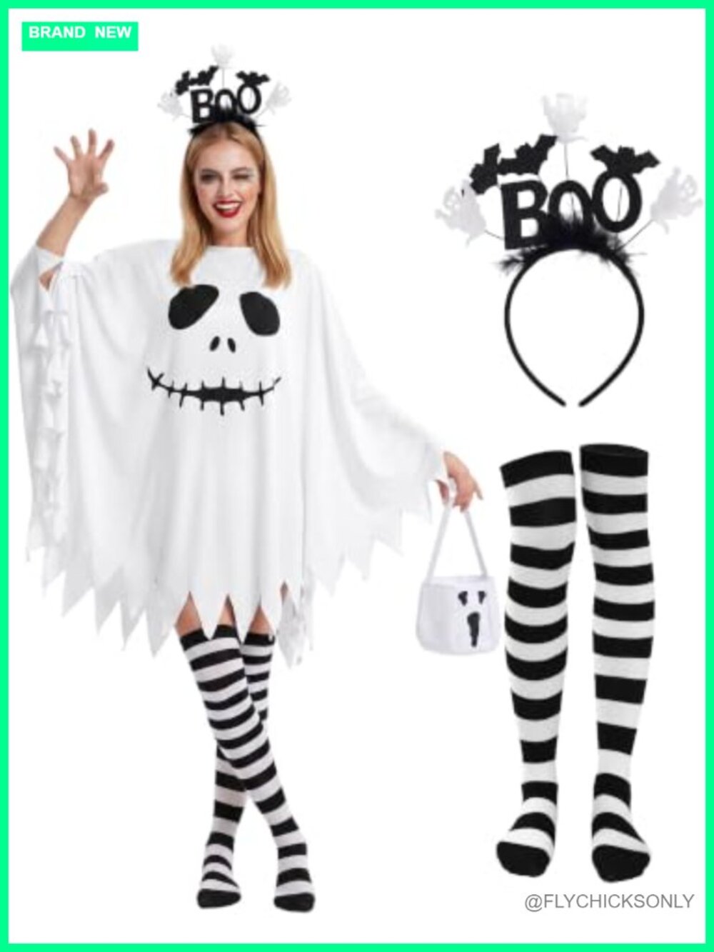 Halloween Ghost Costume Set for Women - Poncho, Headband, Socks, Candy Bag